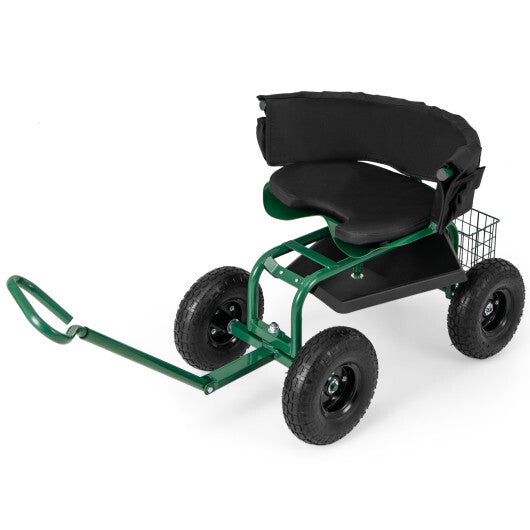 Costway Cushioned Rolling Garden Cart Scooter with Storage Basket and Tool Pouch-Green