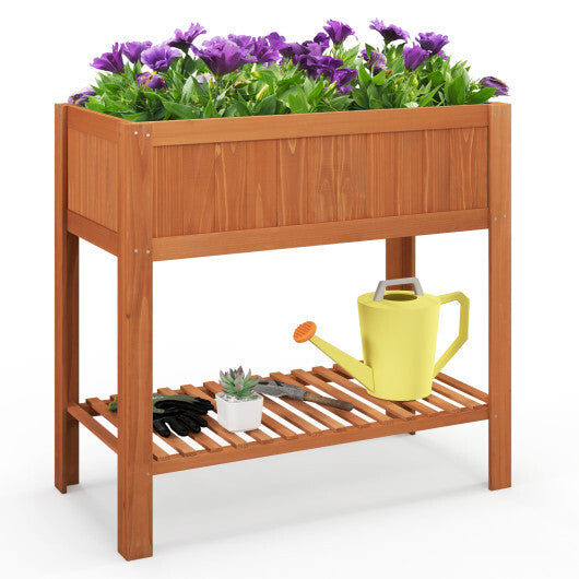 Costway Outdoor Raised Garden Bed Fir Wood Planter Box with Bottom Storage Shelf and Protective Liner-Brown