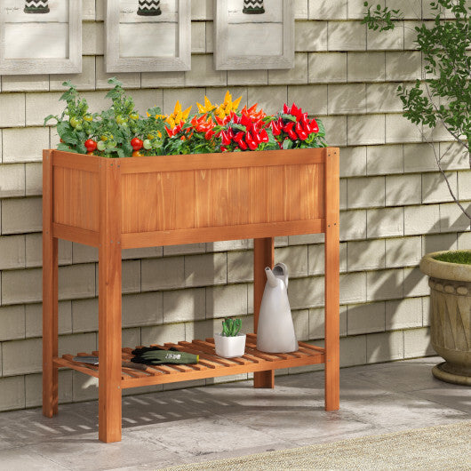Costway Outdoor Raised Garden Bed Fir Wood Planter Box with Bottom Storage Shelf and Protective Liner-Brown