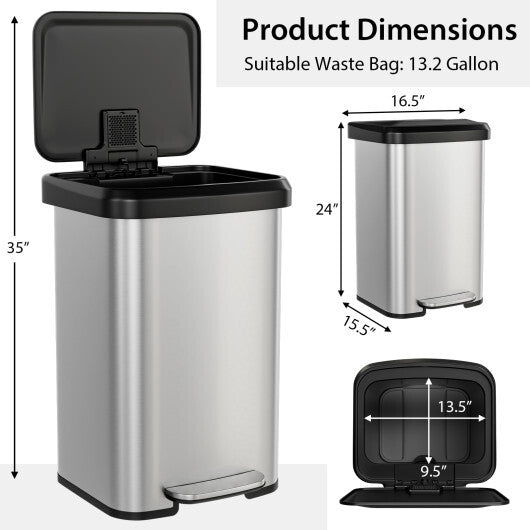 Costway 13.2 Gallon Step Trash Can with Soft Close Lid and Deodorizer Compartment Silver W2B