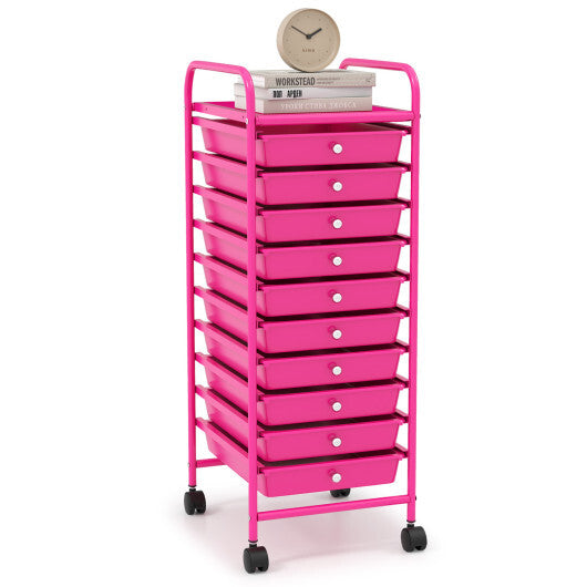 Costway 10 Drawer Rolling Storage Cart Organizer with 4 Universal Casters-Pink W2B