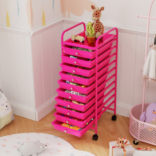 Costway 10 Drawer Rolling Storage Cart Organizer with 4 Universal Casters-Pink W2B