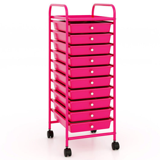 Costway 10 Drawer Rolling Storage Cart Organizer with 4 Universal Casters-Pink W2B