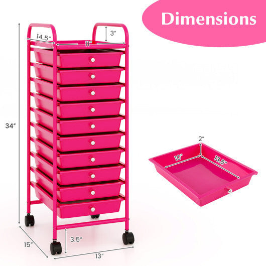 Costway 10 Drawer Rolling Storage Cart Organizer with 4 Universal Casters-Pink W2B