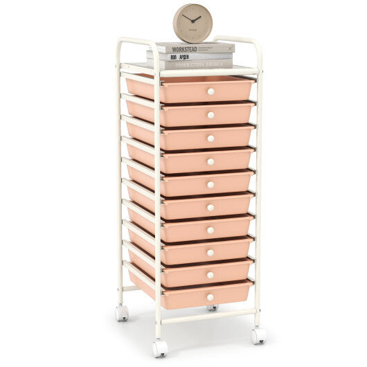Costway 10 Drawer Rolling Storage Cart Organizer with 4 Universal Casters-Cherry W2B