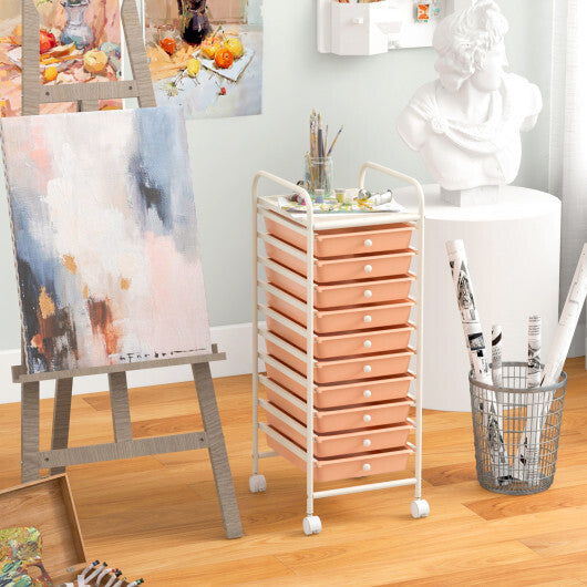 Costway 10 Drawer Rolling Storage Cart Organizer with 4 Universal Casters-Cherry W2B