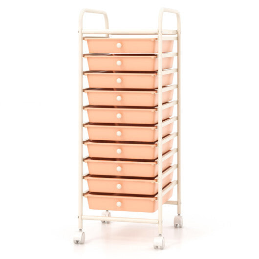 Costway 10 Drawer Rolling Storage Cart Organizer with 4 Universal Casters-Cherry W2B
