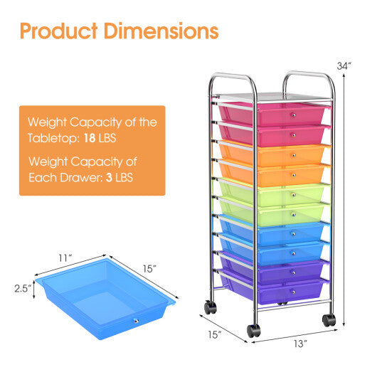 Costway 10 Drawer Rolling Storage Cart Organizer with 4 Universal Casters-Color W2B
