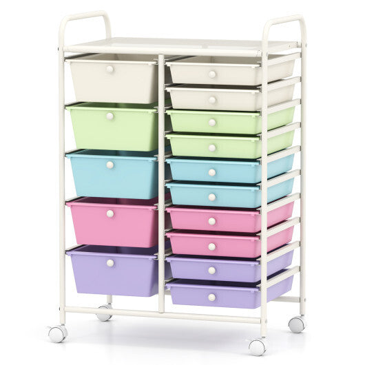 Costway 15-Drawer Utility Rolling Cart with Drawers Multi-Use Storage-Icecream Multicolor W2B