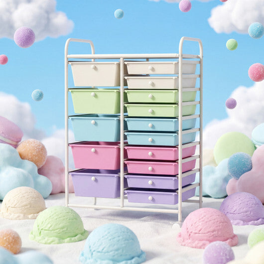 Costway 15-Drawer Utility Rolling Cart with Drawers Multi-Use Storage-Icecream Multicolor W2B
