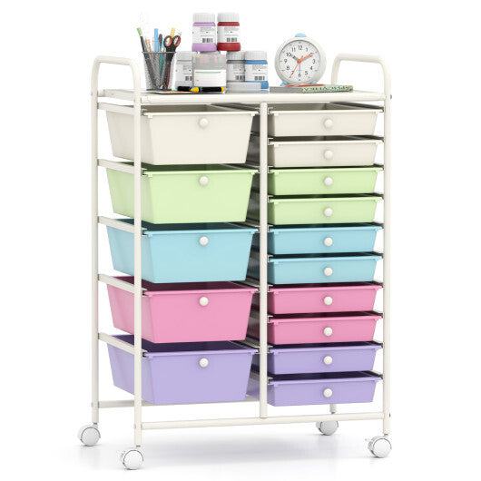 Costway 15-Drawer Utility Rolling Cart with Drawers Multi-Use Storage-Icecream Multicolor W2B