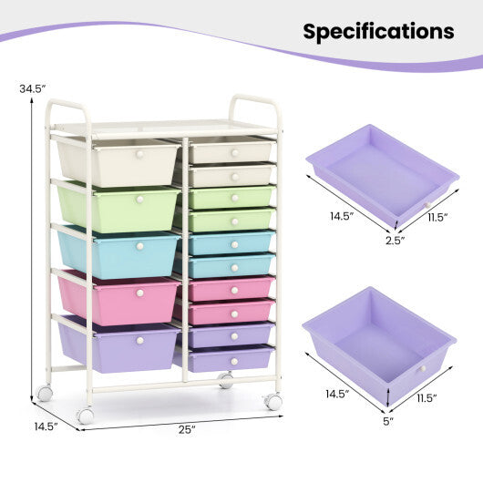 Costway 15-Drawer Utility Rolling Cart with Drawers Multi-Use Storage-Icecream Multicolor W2B
