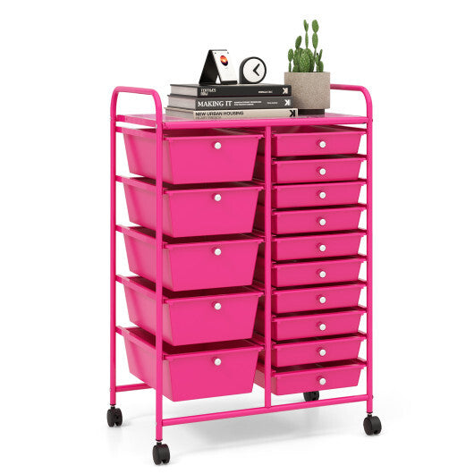 Costway 15-Drawer Utility Rolling Organizer Cart MultiUse Storage-Pink