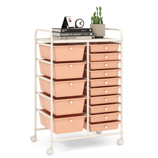 Costway 15-Drawer Utility Rolling Organizer Cart Multi-Use Storage-Peach