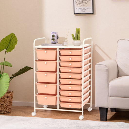 Costway 15-Drawer Utility Rolling Organizer Cart Multi-Use Storage-Peach