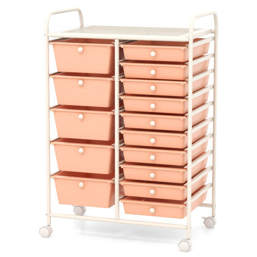 Costway 15-Drawer Utility Rolling Organizer Cart Multi-Use Storage-Peach
