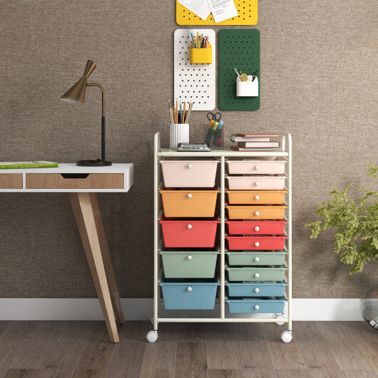 Costway 15 Drawer Rolling Storage Cart Tools Scrapbook Paper Office School Organizer Multicolored W2B