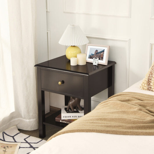 Costway Nightstand End Table with Drawer and Shelf Brown W2B
