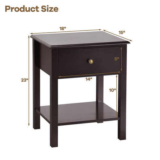 Costway Nightstand End Table with Drawer and Shelf Brown W2B