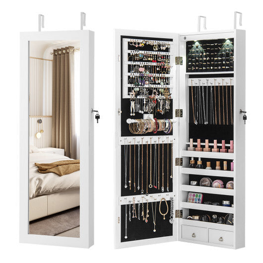 Costway Mirror Jewelry Cabinet with Full Length Clear Mirror & Internal LED Lights Hooks