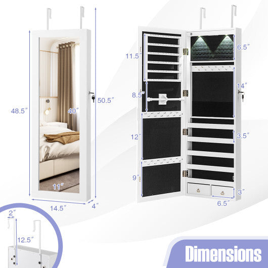 Costway Mirror Jewelry Cabinet with Full Length Clear Mirror & Internal LED Lights Hooks