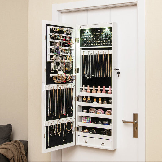 Costway Mirror Jewelry Cabinet with Full Length Clear Mirror & Internal LED Lights Hooks