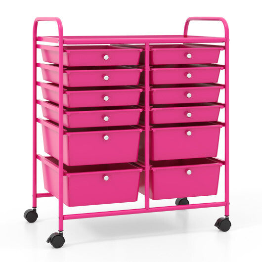 Costway 12-Drawer Rolling Storage Cart with Removable Drawers and Lockable Wheels-Rose Red