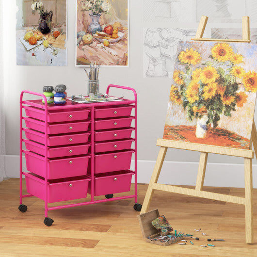 Costway 12-Drawer Rolling Storage Cart with Removable Drawers and Lockable Wheels-Rose Red W2B