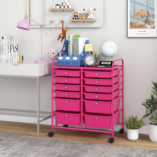 Costway 12-Drawer Rolling Storage Cart with Removable Drawers and Lockable Wheels-Rose Red