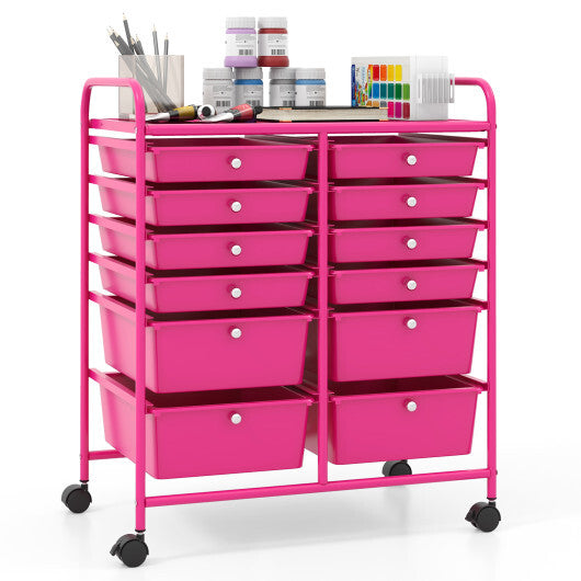 Costway 12-Drawer Rolling Storage Cart with Removable Drawers and Lockable Wheels-Rose Red