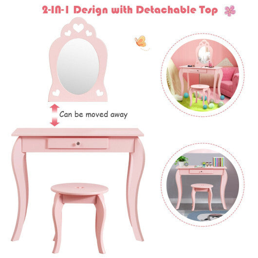 Costway Kids Princess Makeup Dressing Play Table Set with Mirror -Pink