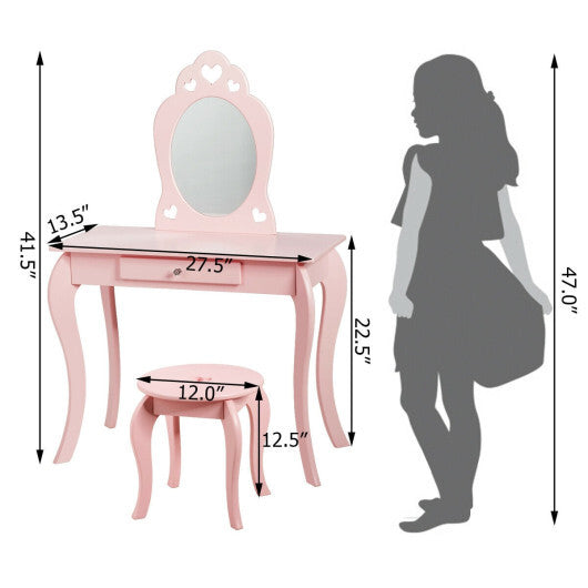 Costway Kids Princess Makeup Dressing Play Table Set with Mirror -Pink