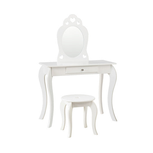 Costway Kids Vanity Set Princess Makeup Dressing Play Table Set W/Mirror-White