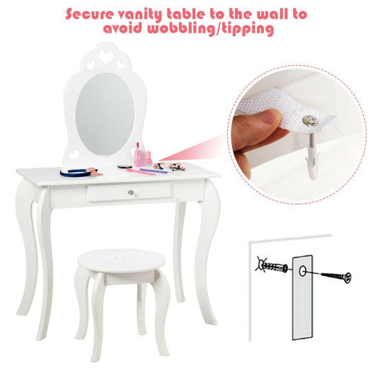 Costway Kids Vanity Set Princess Makeup Dressing Play Table Set W/Mirror-White