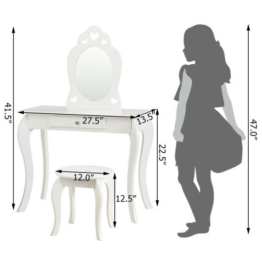 Costway Kids Vanity Set Princess Makeup Dressing Play Table Set W/Mirror-White