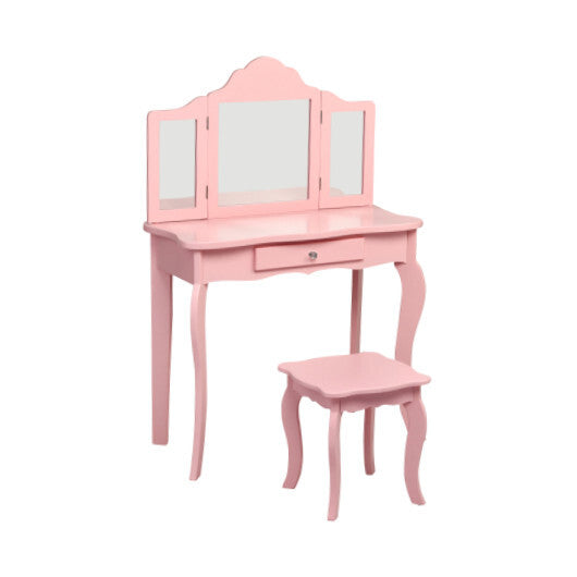 Costway Kids Vanity Table & Stool Princess Dressing Make Up Play Set for Girls Pink