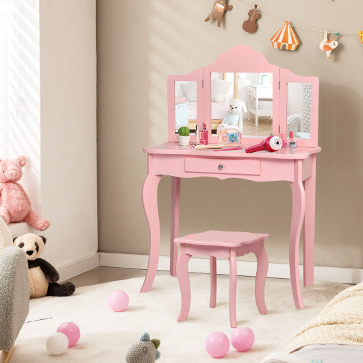Costway Kids Vanity Table & Stool Princess Dressing Make Up Play Set for Girls Pink