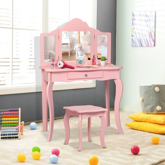 Costway Kids Vanity Table & Stool Princess Dressing Make Up Play Set for Girls Pink