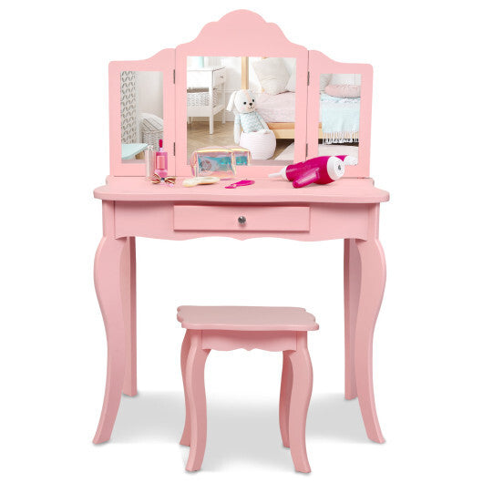 Costway Kids Vanity Table & Stool Princess Dressing Make Up Play Set for Girls Pink