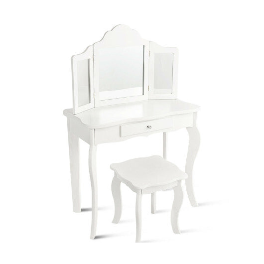 Costway Vanity Table Set Makeup Dressing Table Kids Stool Mirror White