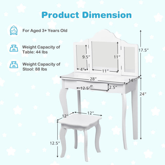Costway Vanity Table Set Makeup Dressing Table Kids Stool Mirror White