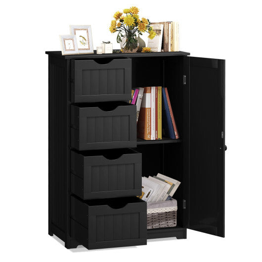 Costway Bathroom Storage Wooden 4 Drawer Cabinet Cupboard 2 Shelves Free Standing Black