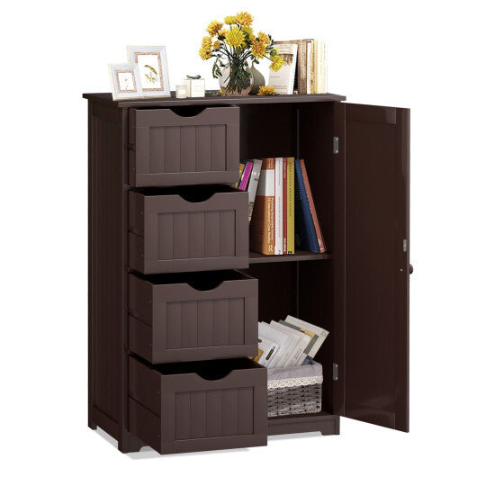 Costway Bathroom Storage Wooden 4 Drawer Cabinet Cupboard 2 Shelves Free Standing Brown