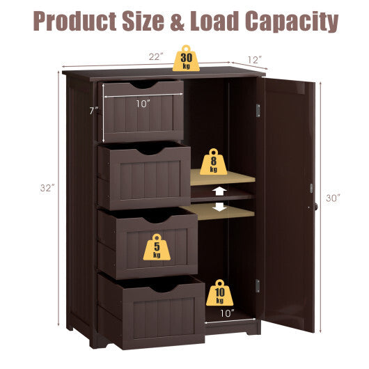Costway Bathroom Storage Wooden 4 Drawer Cabinet Cupboard 2 Shelves Free Standing Brown