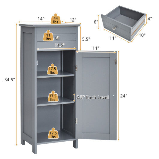 Costway Bathroom Storage Floor Cabinet Organizer Free-Standing w/ Drawer Grey