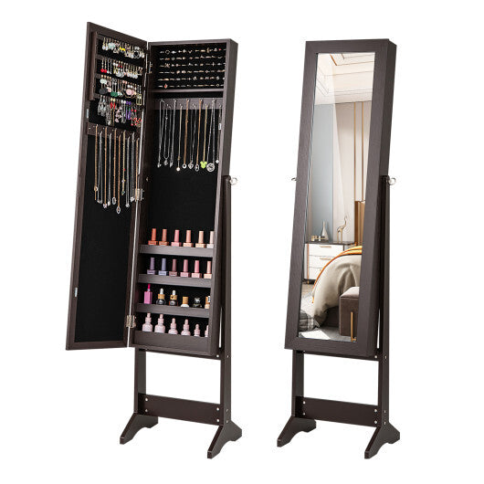 Costway Mirrored Standing Jewelry Cabinet Storage Box Rustic Brown W2B