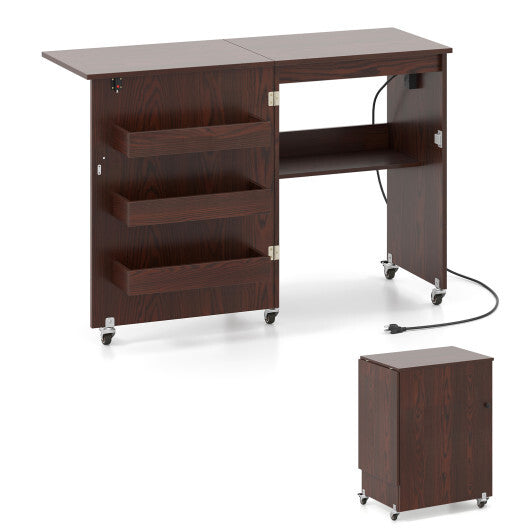Costway Sewing Machine Table with Charging Station and Lockable Casters-Brown