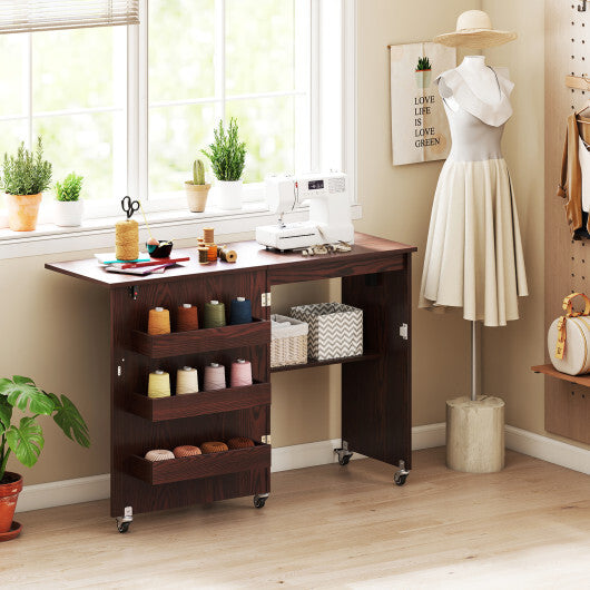 Costway Sewing Machine Table with Charging Station and Lockable Casters-Brown