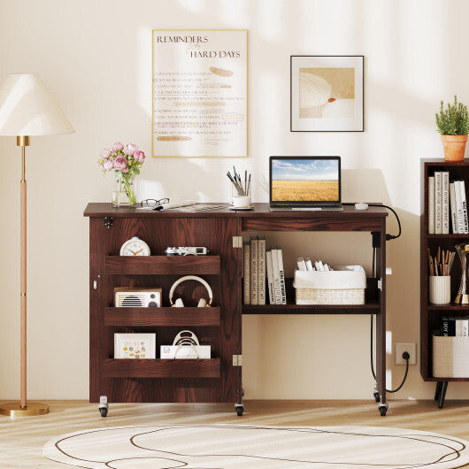 Costway Sewing Machine Table with Charging Station and Lockable Casters-Brown