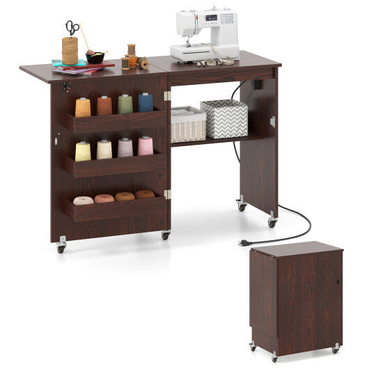 Costway Sewing Machine Table with Charging Station and Lockable Casters-Brown